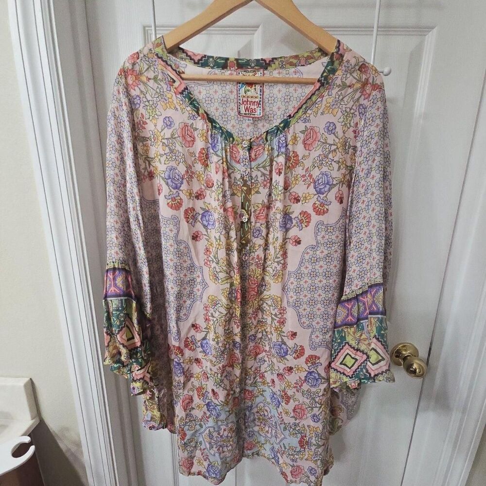 Johnny Was Floral Print Silk Tunic Top Size 2X